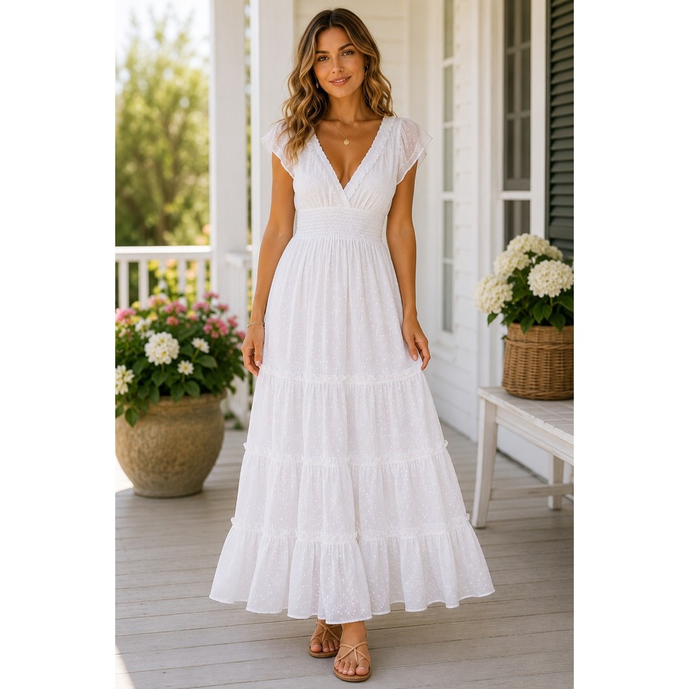 Betsey Johnson Womens White Swiss Dot Tiered Smocked Maxi Dress XS Cottagecore